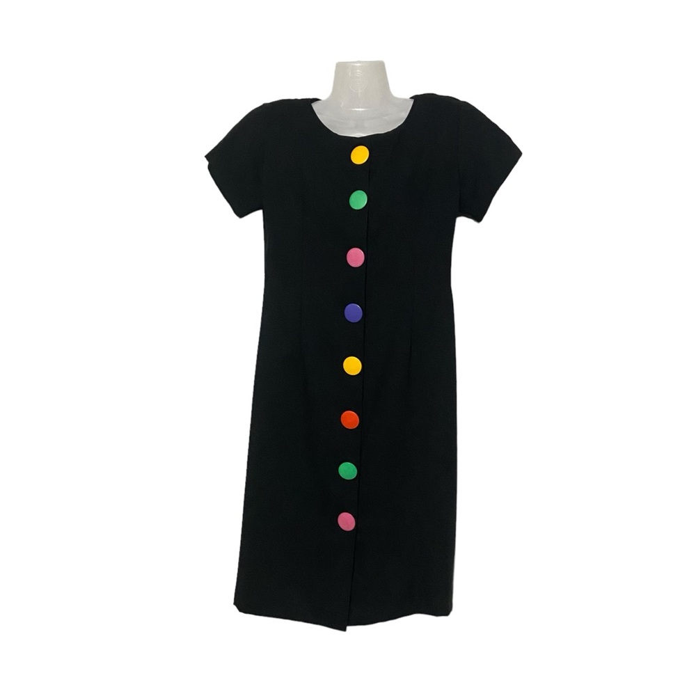 Vintage Rainbow Button Front Fitted David Mitchell Petite 80’s Dress Black - Picture 9 of 14